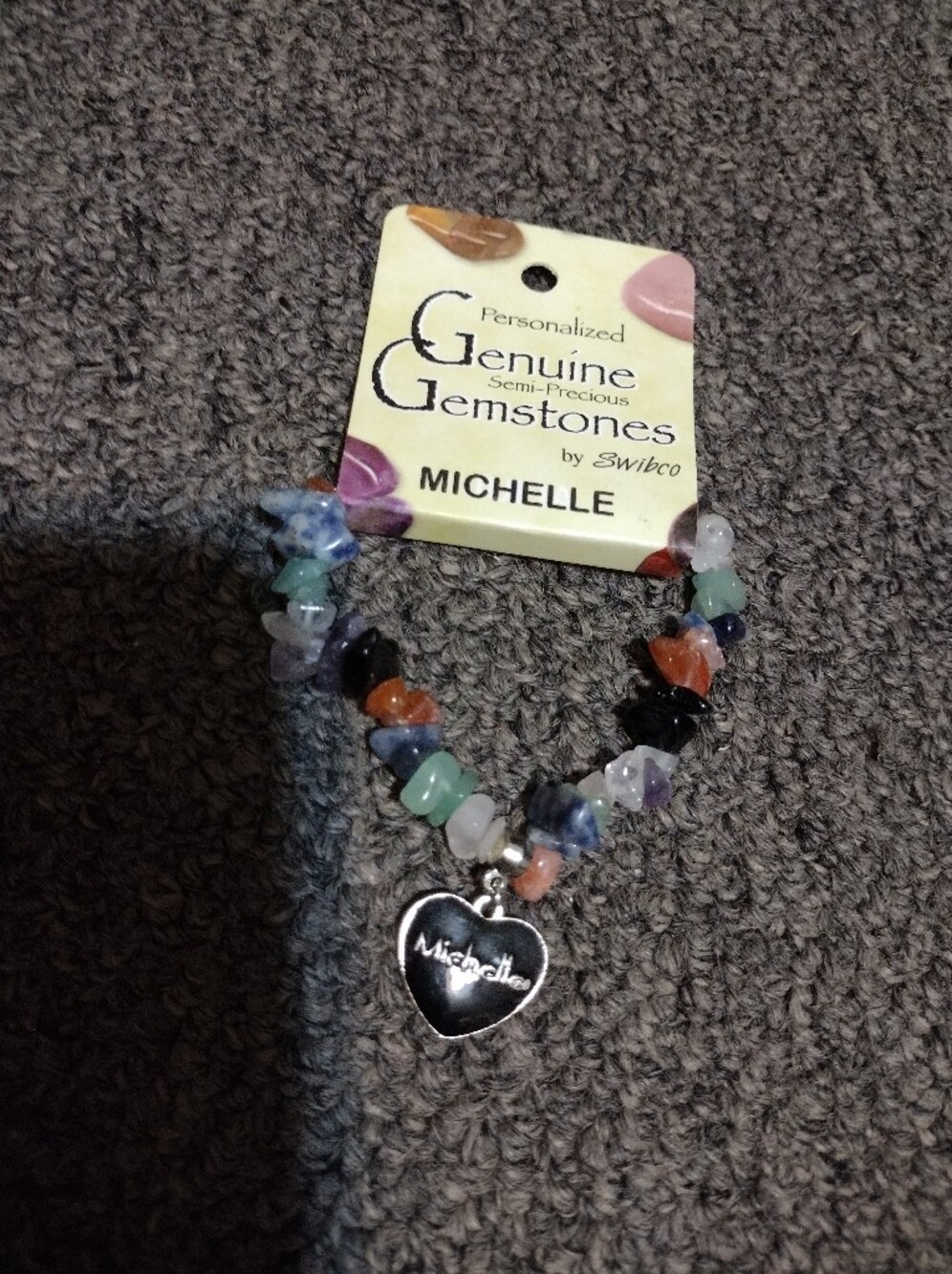 Michele Multicolor Genuine Semi Precious Gemstone Chip Bracelet with Heart Charm